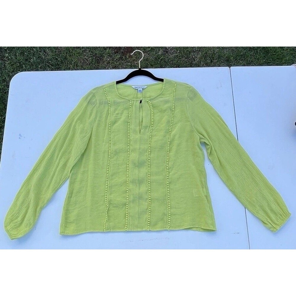 COUNTERPARTS LIME GREEN SIZE LARGE LONG SLEEVE BLOUSE with POM POM TRIM DETAILS - Picture 8 of 10